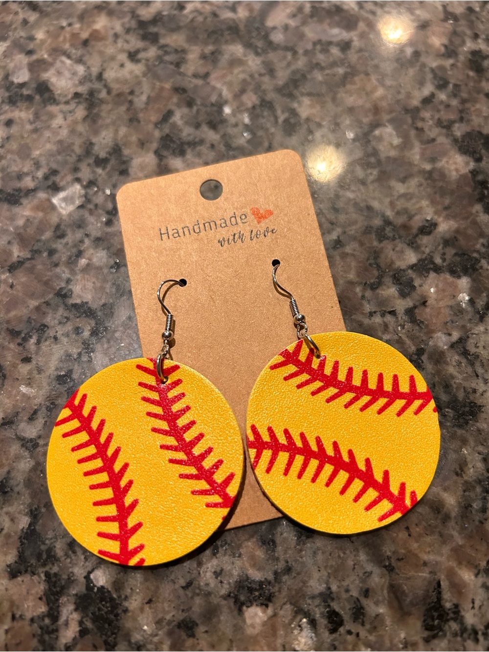 Leather Yellow Softball Dangle Earrings with Red Stitch Detail